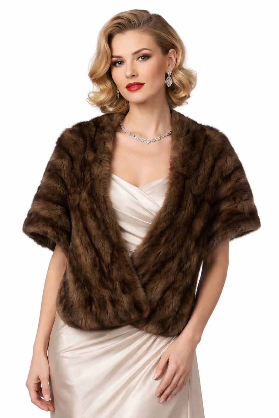 1950s D’Jimas Mink Fur Stole Muff Brown Real Fur Art Deco Evening Wrap
